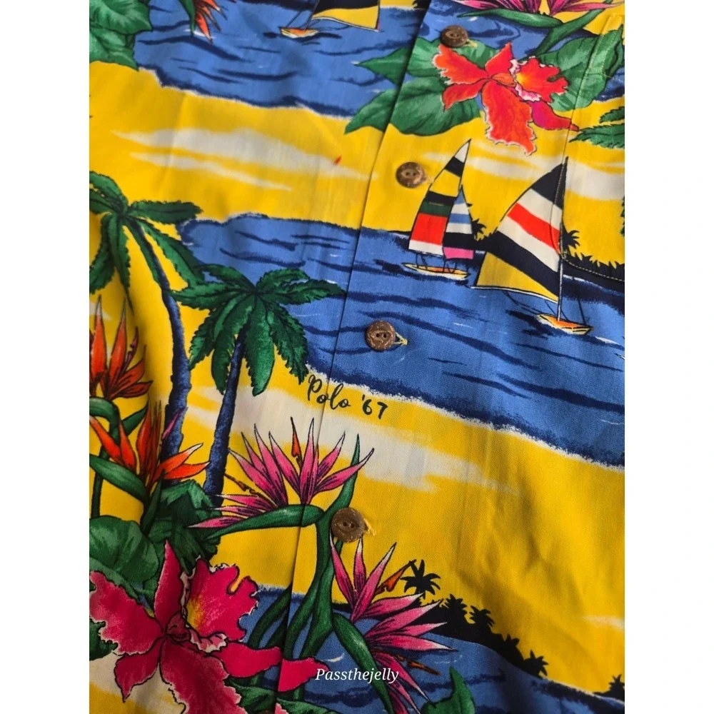 Polo Ralph Lauren Hawaiian Shirt Mens LT Tropical Floral Aloha Beach 67 Camp